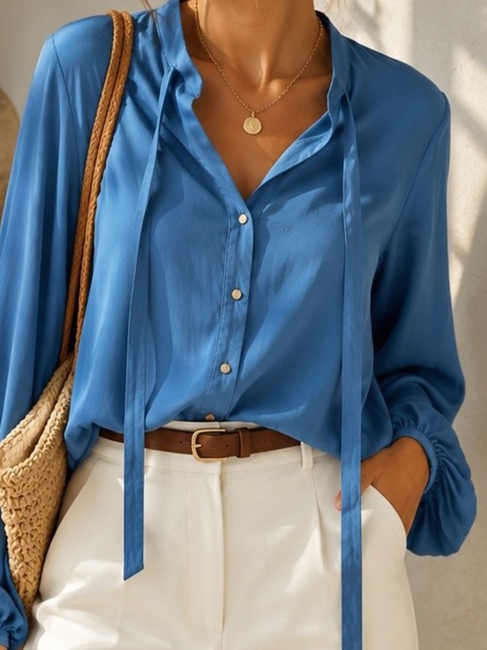 Zara Blue Tie Neck Blouse Size Small Long Sleeve Business Casual Top
